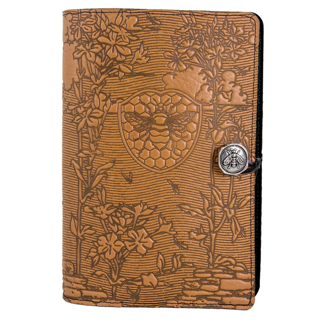 Oberon Design Large Refillable Leather Notebook Cover, Bee Garden, Marigold
