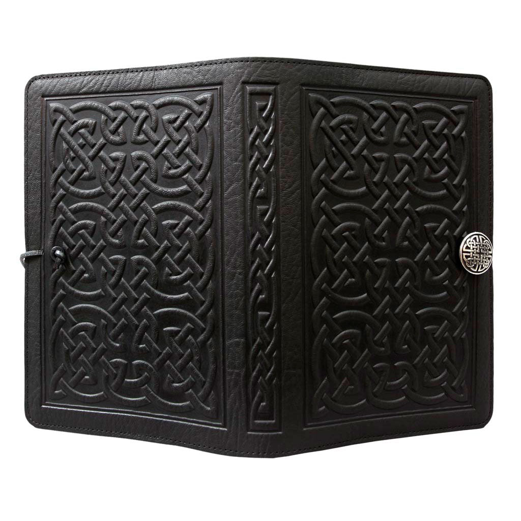 Genuine Leather Refillable Large Notebook Cover | Fits 5.25 x 8.25 Notebooks | Tooled Bold Celtic, Black with Pewter Button | Made in The USA by Obero