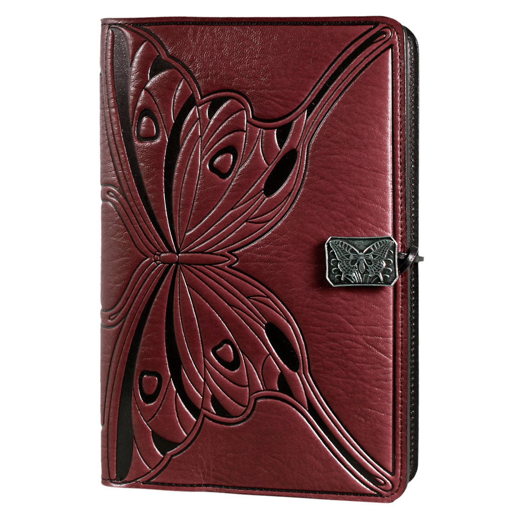 Oberon Design Large Refillable Leather Notebook Cover, Butterfly, Wine