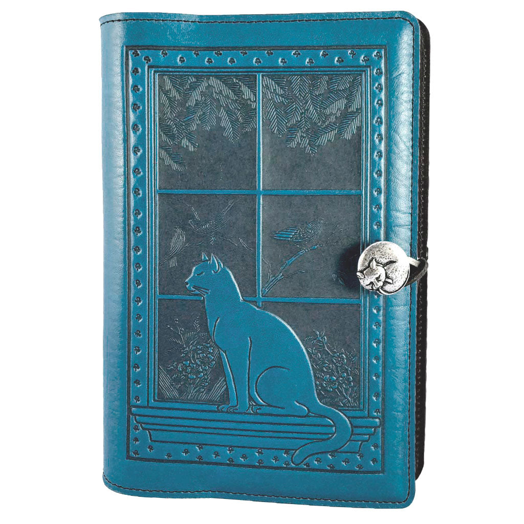 Oberon Design Refillable Large Leather Notebook Cover, Cat in Window, Blue