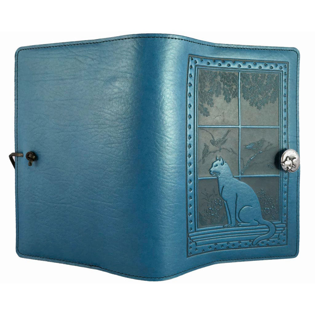 Oberon Design Refillable Large Leather Notebook Cover, Cat in Window, Blue, Open
