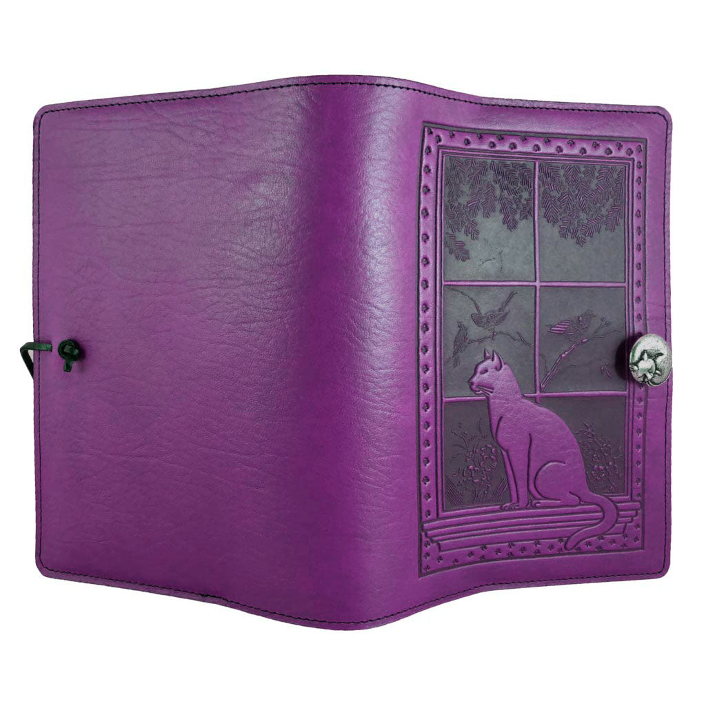 Oberon Design Refillable Large Leather Notebook Cover, Cat in Window, Orchid, Open