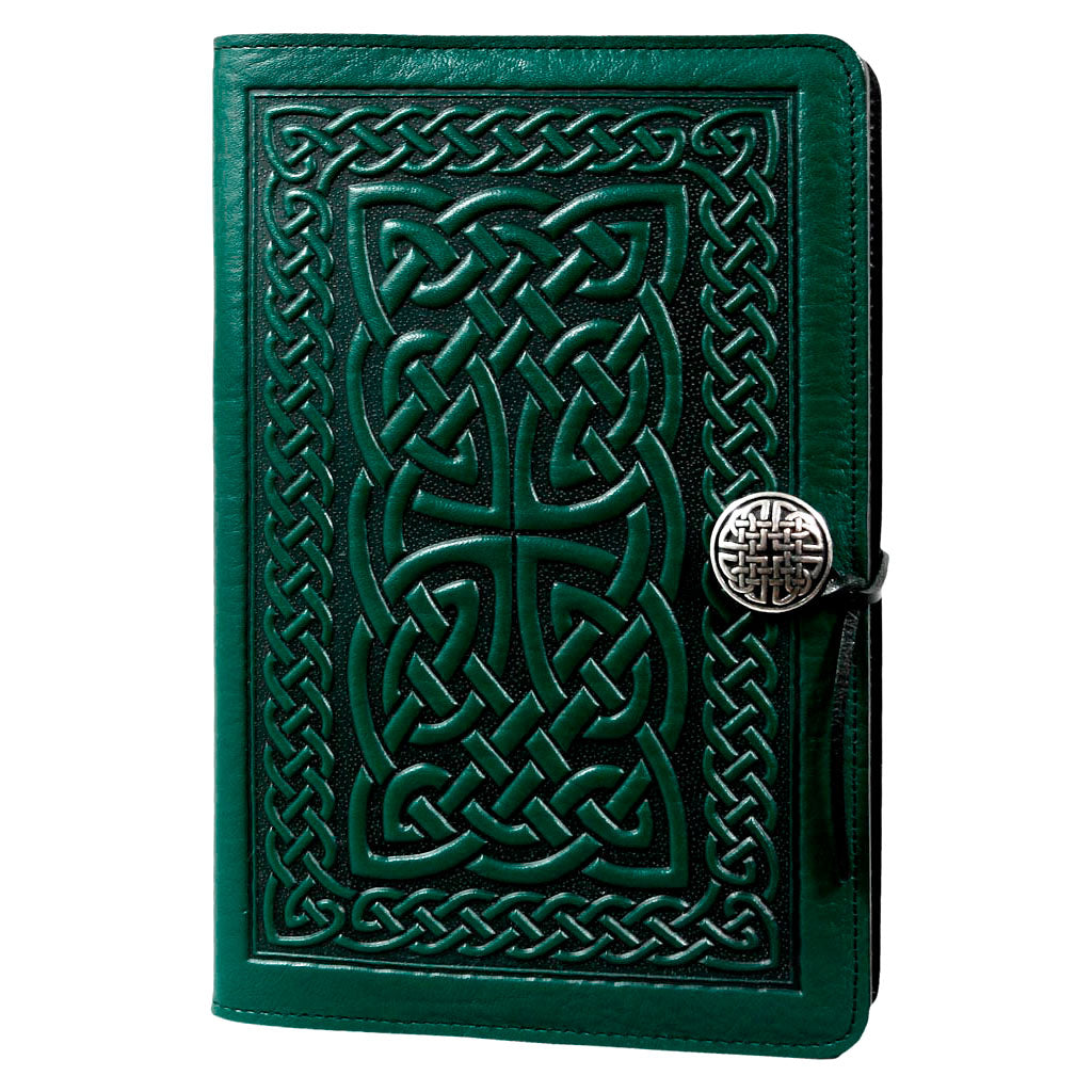 Oberon Design Large Refillable Leather Notebook Cover, Celtic Braid, Green
