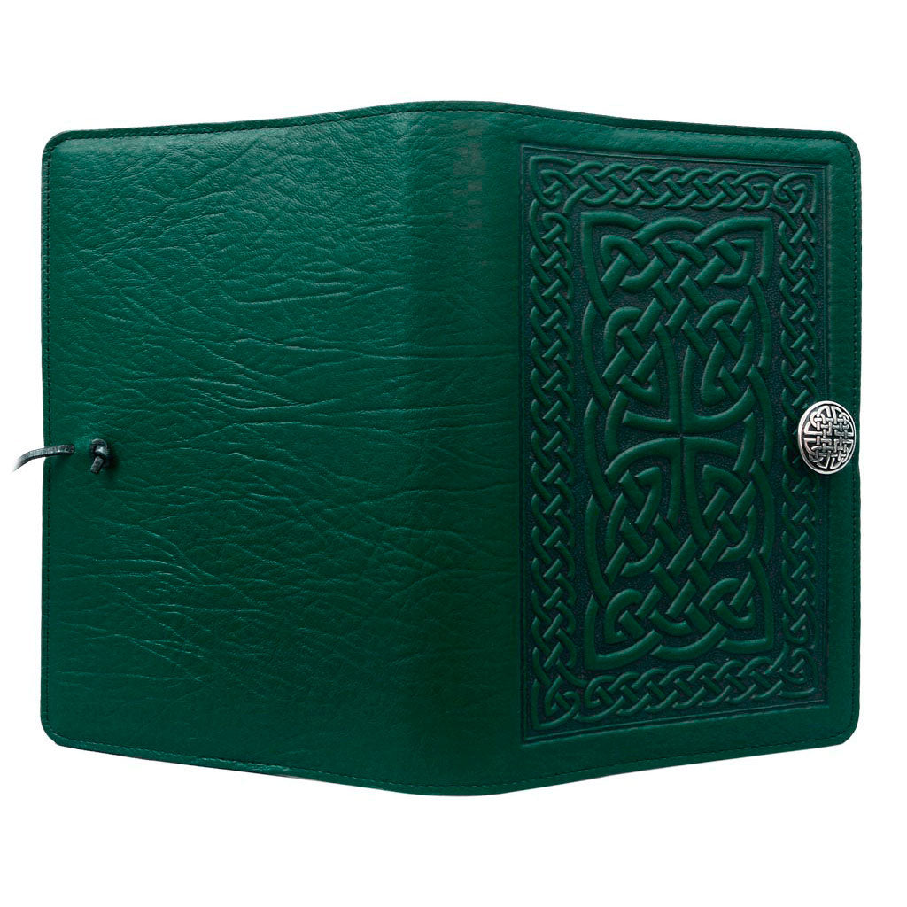 Oberon Design Large Refillable Leather Notebook Cover, Celtic Braid, Green - Open