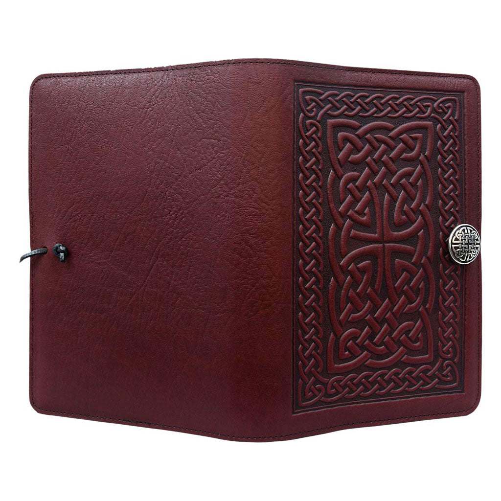 Oberon Design Large Refillable Leather Notebook Cover, Celtic Braid, WIne - Open