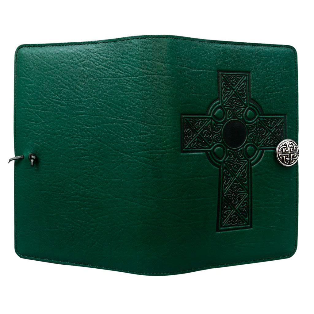 Oberon Design Large Refillable Leather Notebook Cover, Celtic Cross, Green - Open