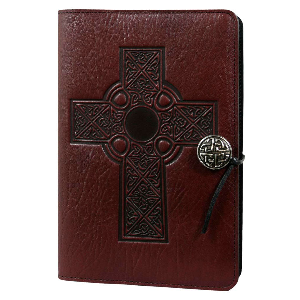 Oberon Design Large Refillable Leather Notebook Cover, Celtic Cross, WIne