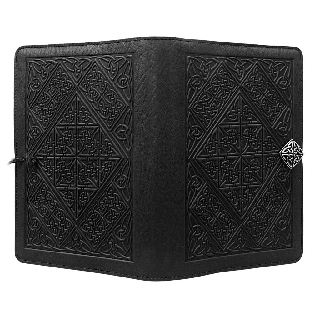 Oberon Design Large Refillable Leather Notebook Cover, Celtic Diamond, Black - Open