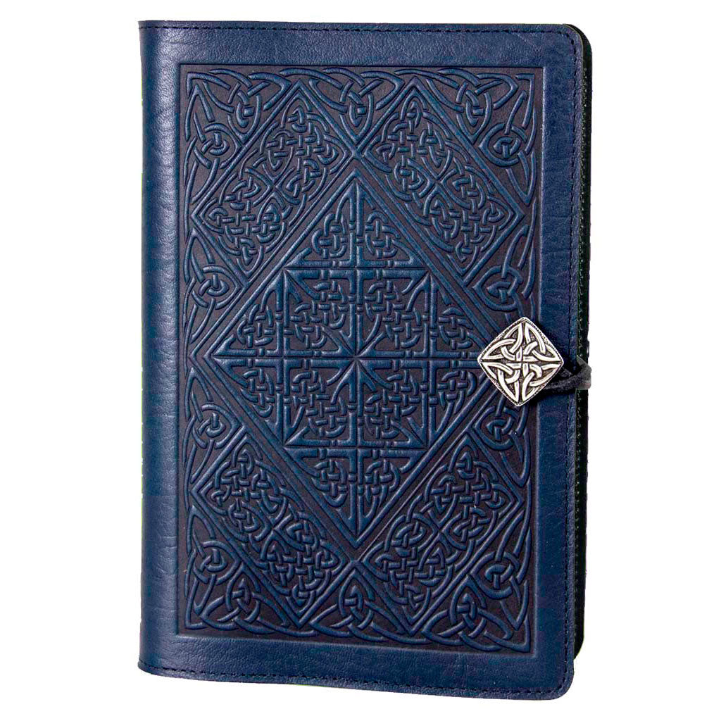Oberon Design Large Refillable Leather Notebook Cover, Celtic Diamond, Navy