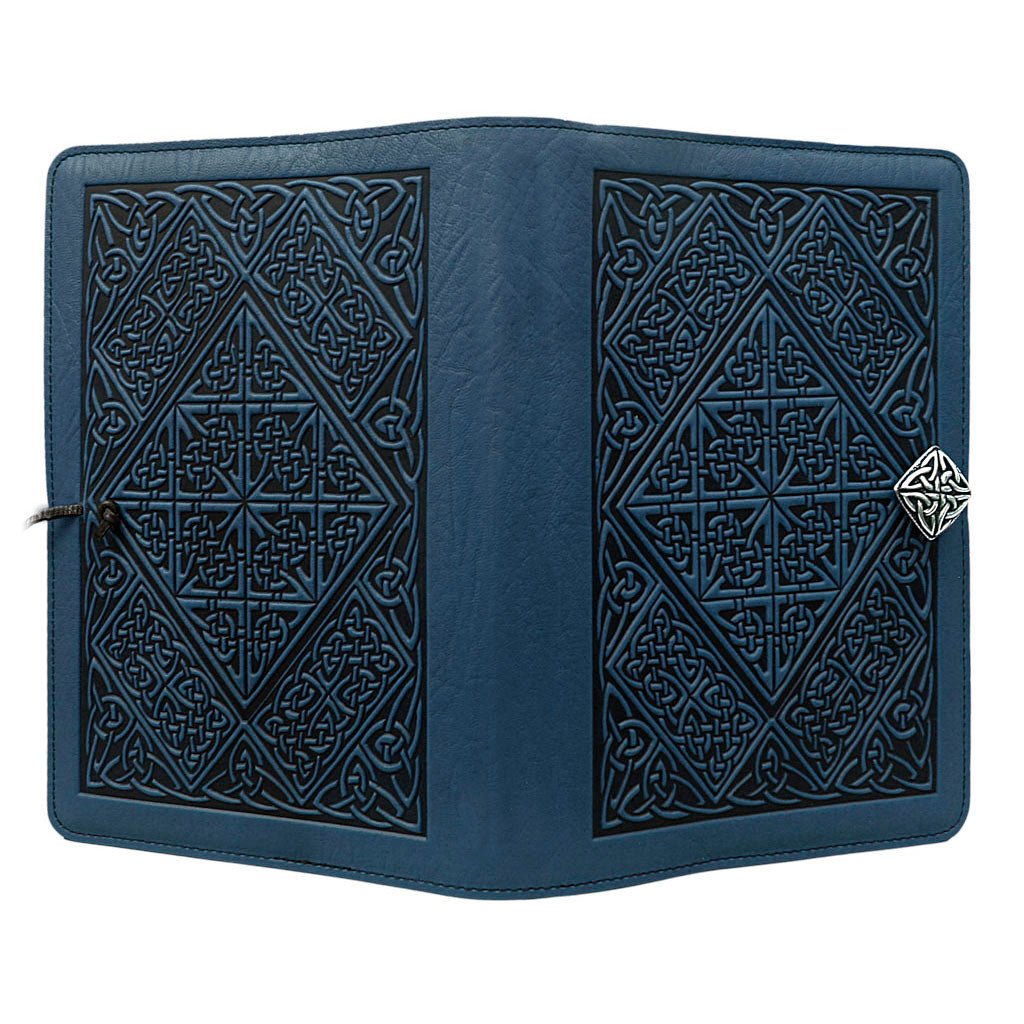 Oberon Design Large Refillable Leather Notebook Cover, Celtic Diamond, Navy - Open