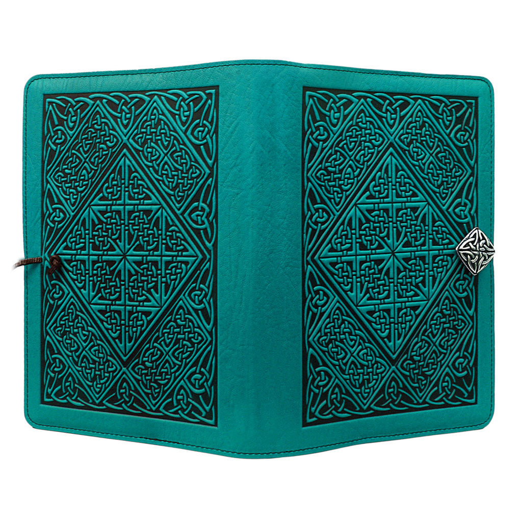 Oberon Design Large Refillable Leather Notebook Cover, Celtic Diamond, Teal - Open
