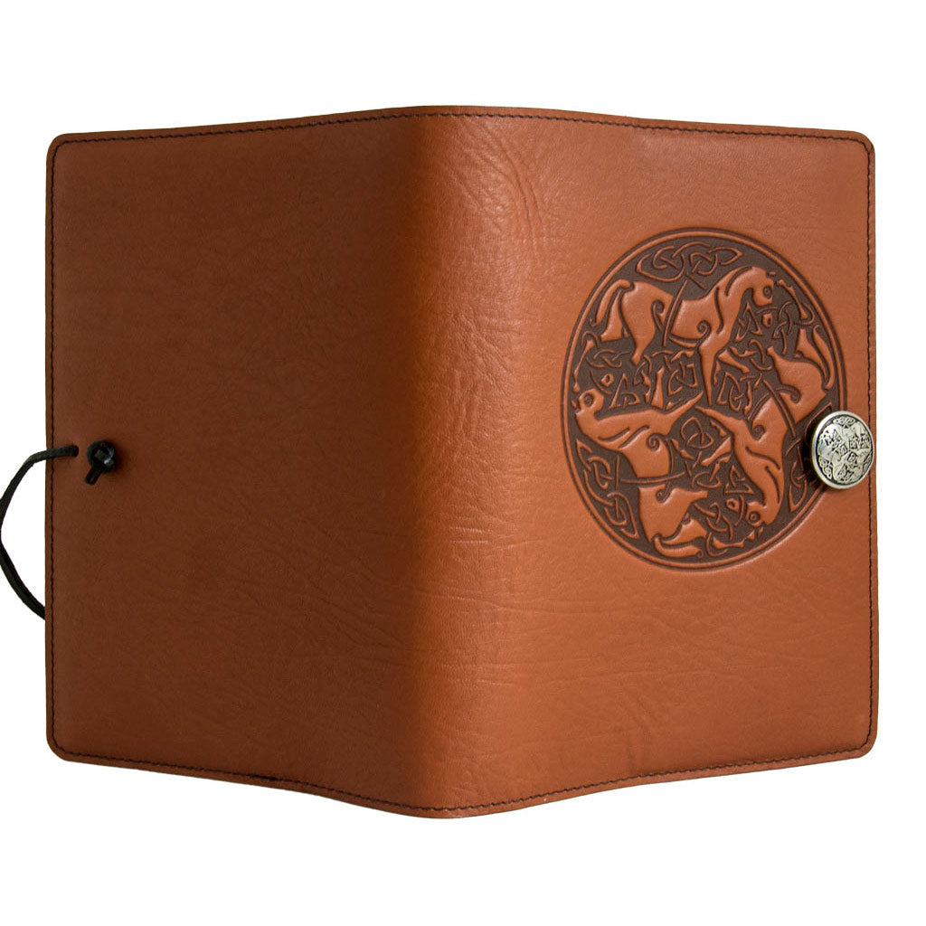 Oberon Design Large Leather Notebook Cover, Celtic Horses, Saddle - Open