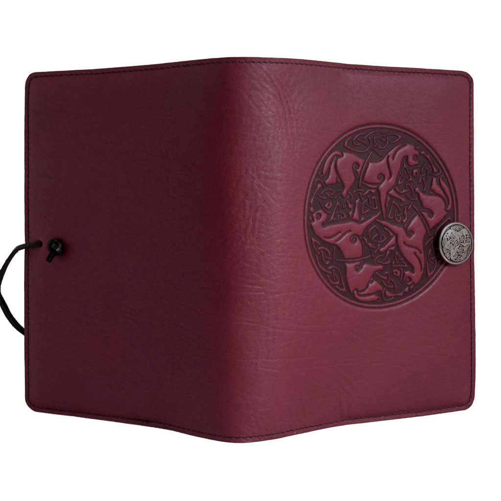 Oberon Design Large Leather Notebook Cover, Celtic Horses, WIne - Open