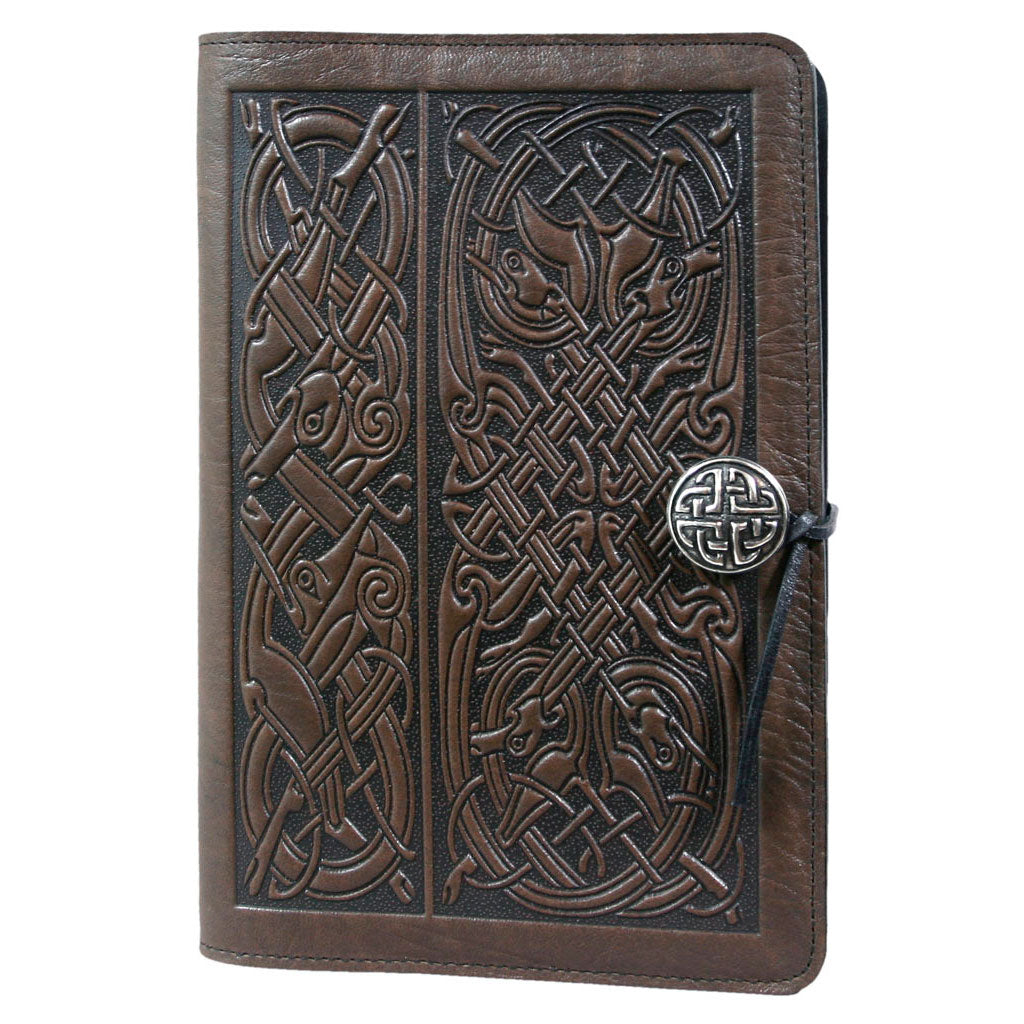 Oberon Design Large Refillable Leather Notebook Cover, Celtic Hounds, Chocolate