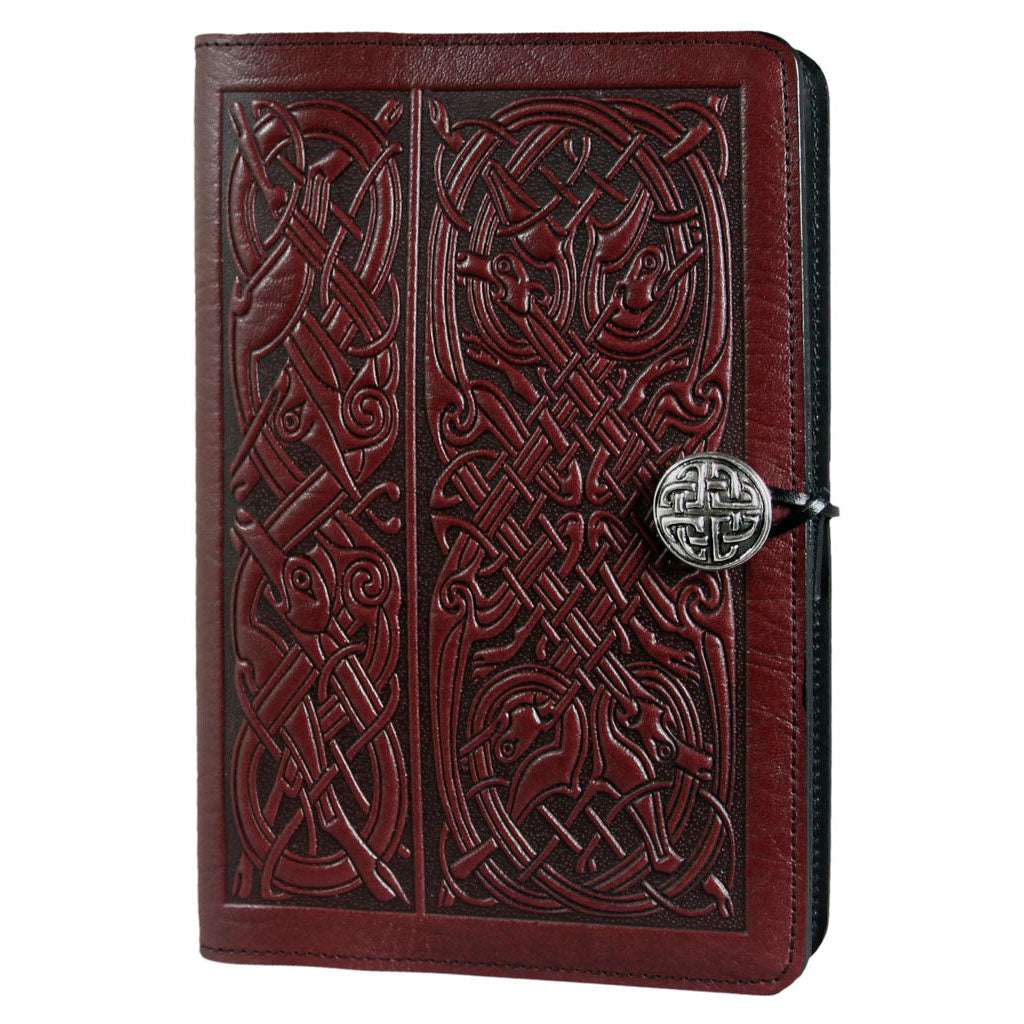 Oberon Design Large Refillable Leather Notebook Cover, Celtic Hounds, WIne