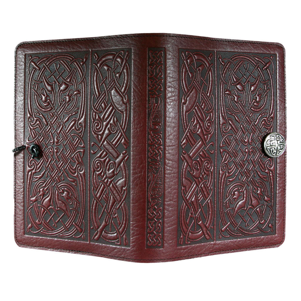 Oberon Design Large Refillable Leather Notebook Cover, Celtic Hounds, Wine - Open