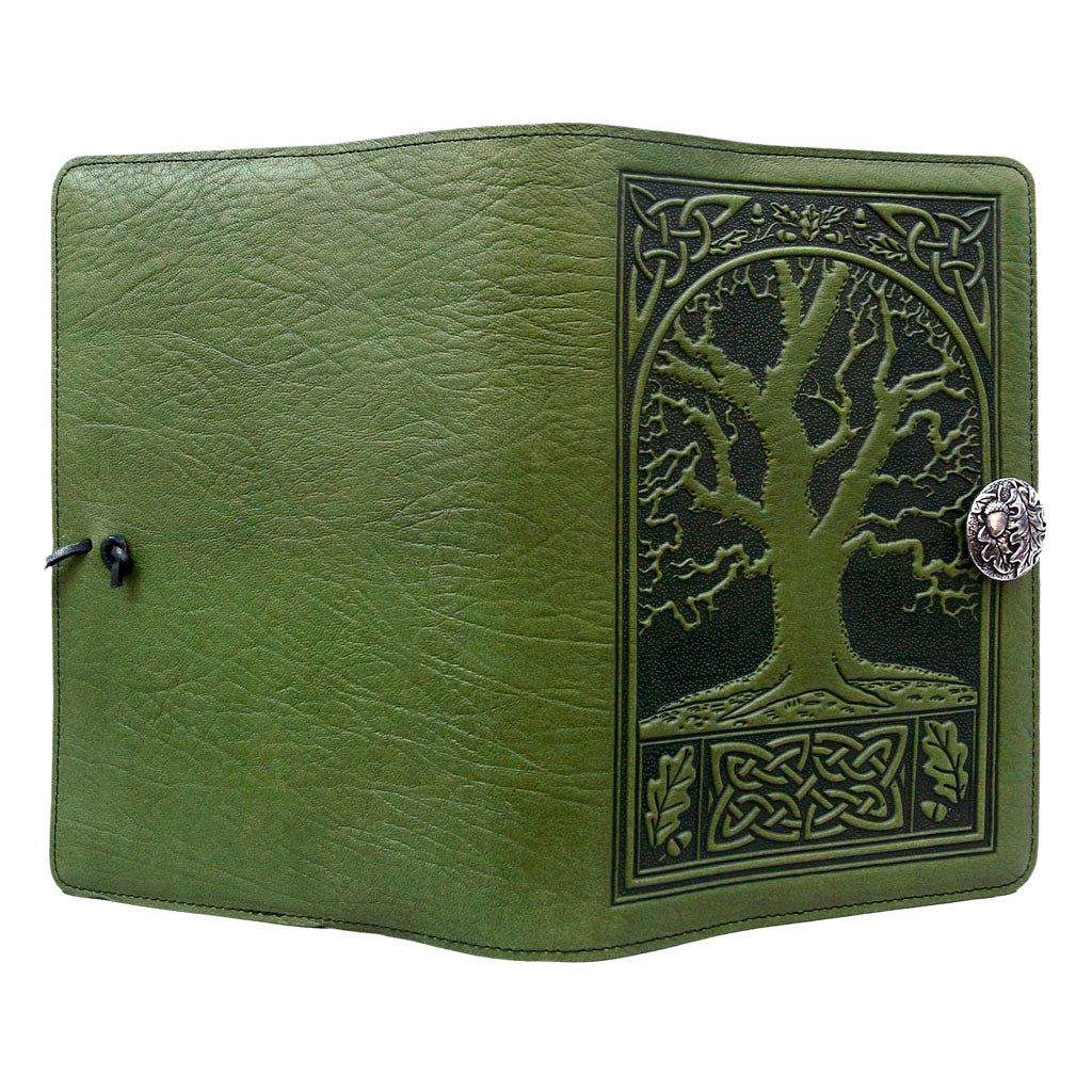 Oberon Design Large Refillable Leather Notebook Cover, Celtic Oak, Fern - Open