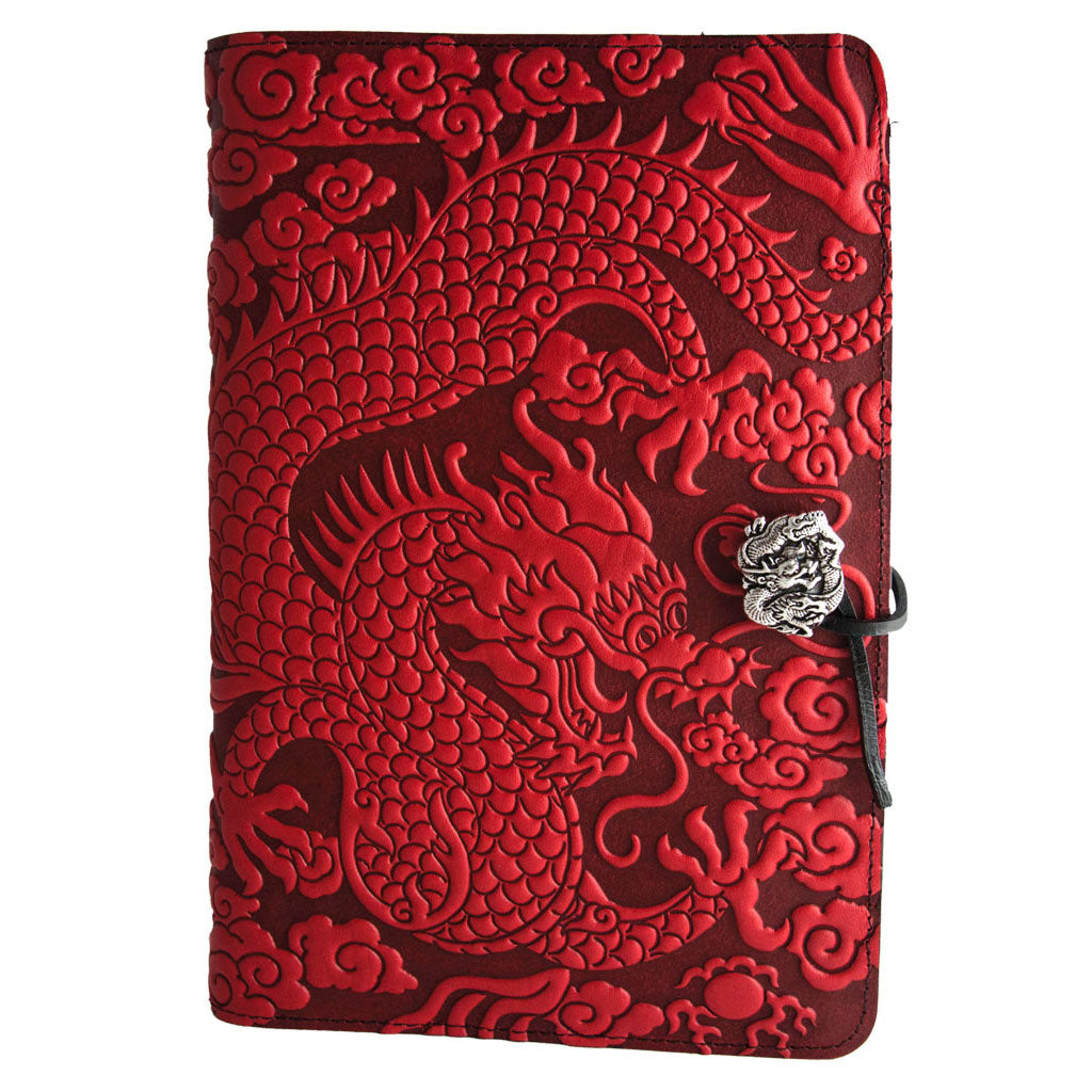 Oberon Design Large Refillable Leather Notebook Cover, Cloud Dragon, Red