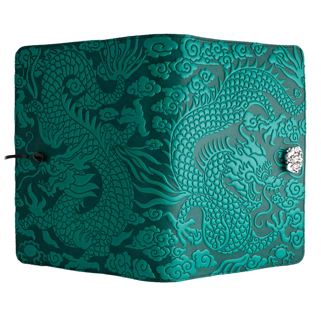 Oberon Design Large Refillable Leather Notebook Cover, Cloud Dragon, Teal - Open