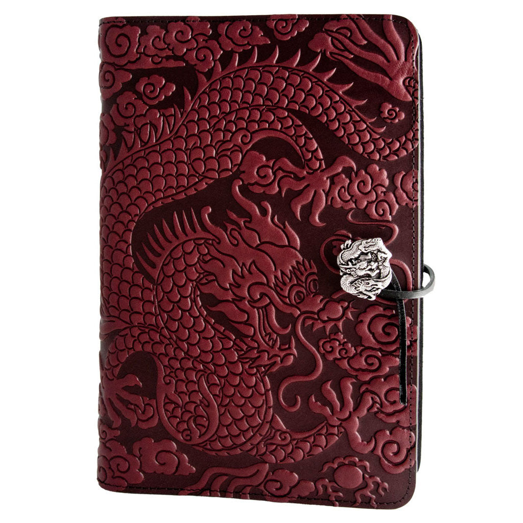 Oberon Design Large Refillable Leather Notebook Cover, Cloud Dragon, Red