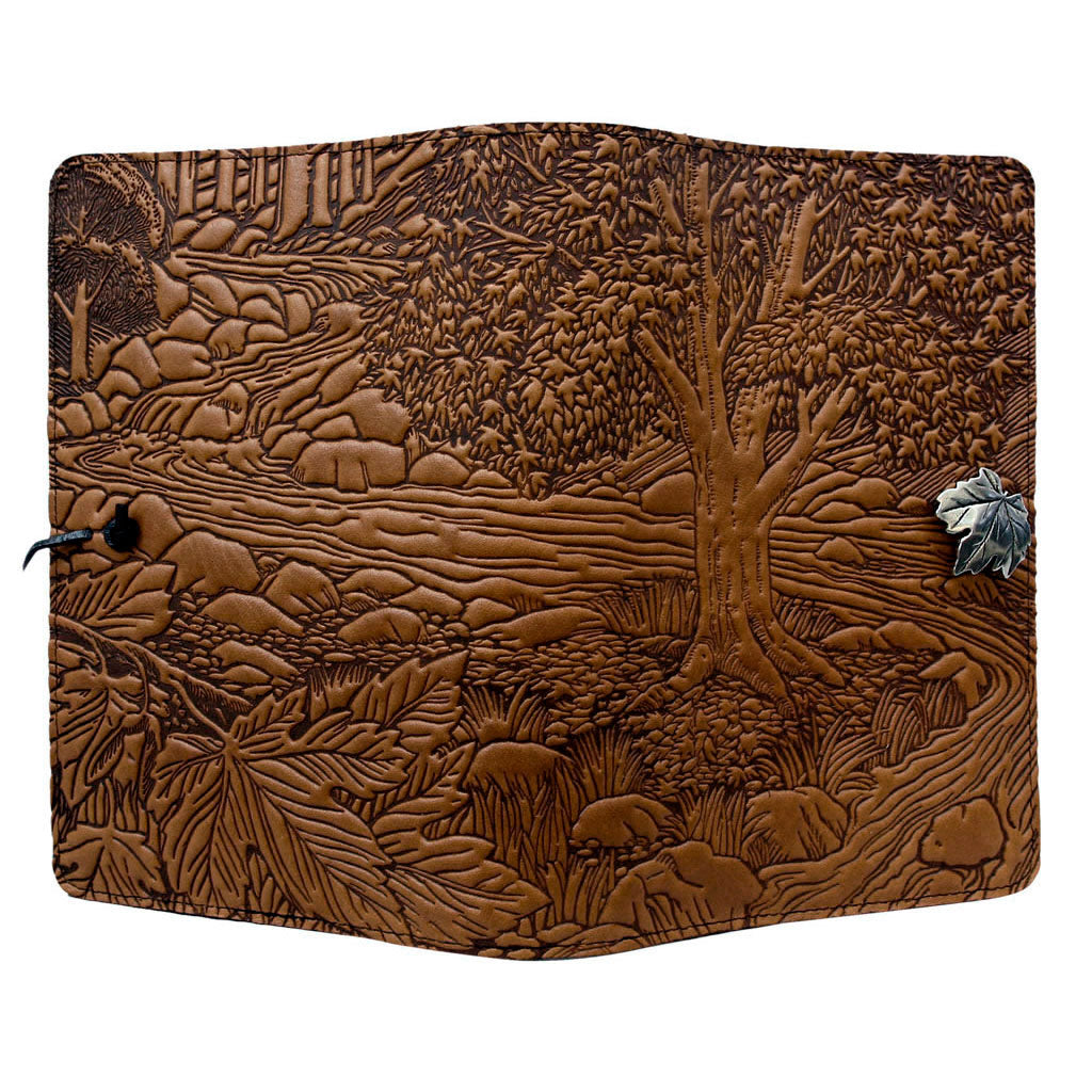 Oberon Design Large Refillable Leather Notebook Cover, Creekbed Maple, Saddle - Open