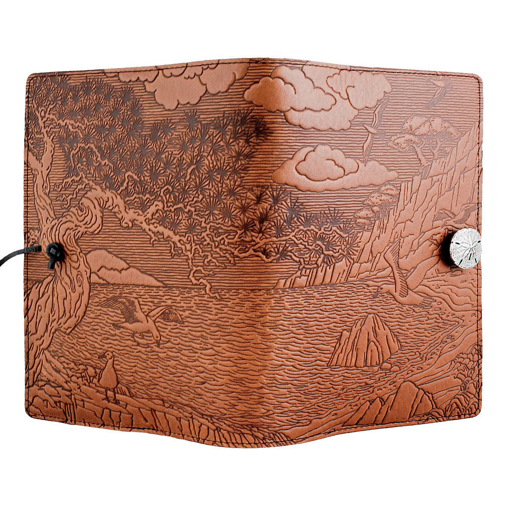 Oberon Design Large Refillable Leather Notebook Cover, Cypress Cove, Saddle - Open