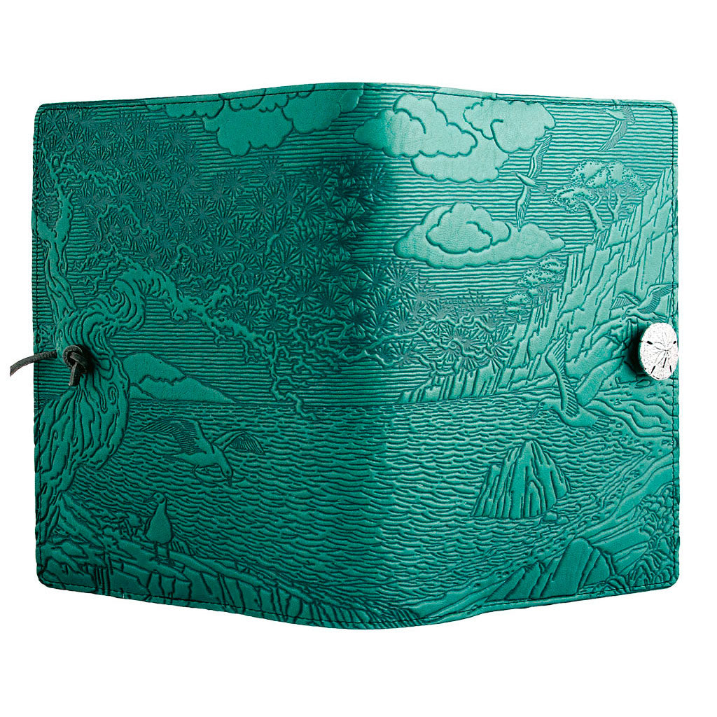 Oberon Design Large Refillable Leather Notebook Cover, Cypress Cove, Teal- Open
