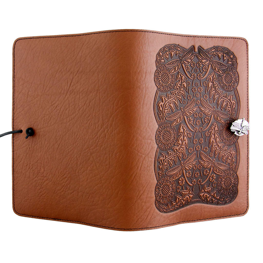 Oberon Design Large Leather Notebook Cover, Dandelion Dragonfly, Saddle - Open