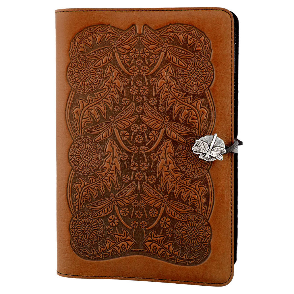 Oberon Design Large Leather Notebook Cover, Dandelion Dragonfly, Saddle