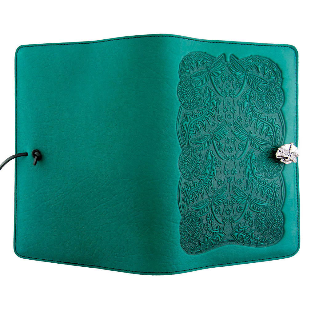 Oberon Design Large Leather Notebook Cover, Dandelion Dragonfly, Teal - Open