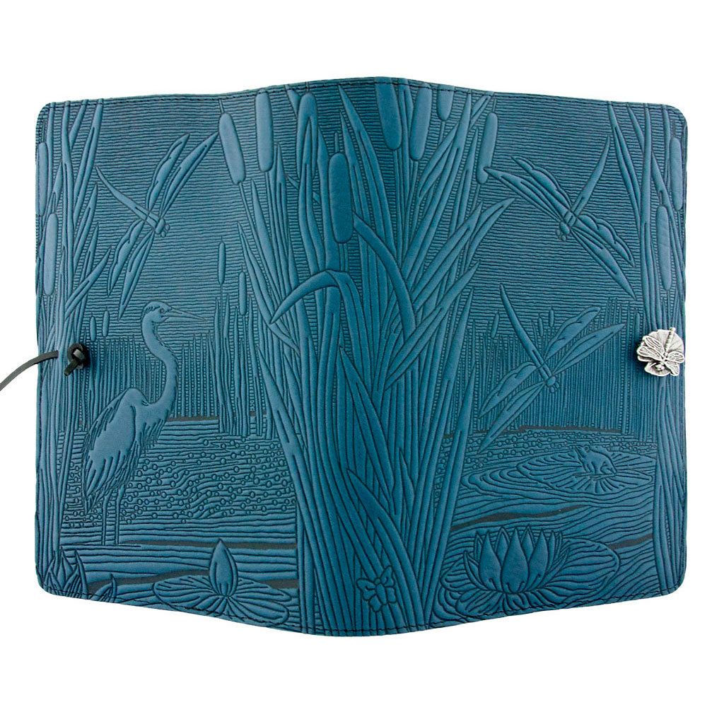 Oberon Design Large Refillable Leather Notebook Cover, Dragonfly Pond, Blue - Open