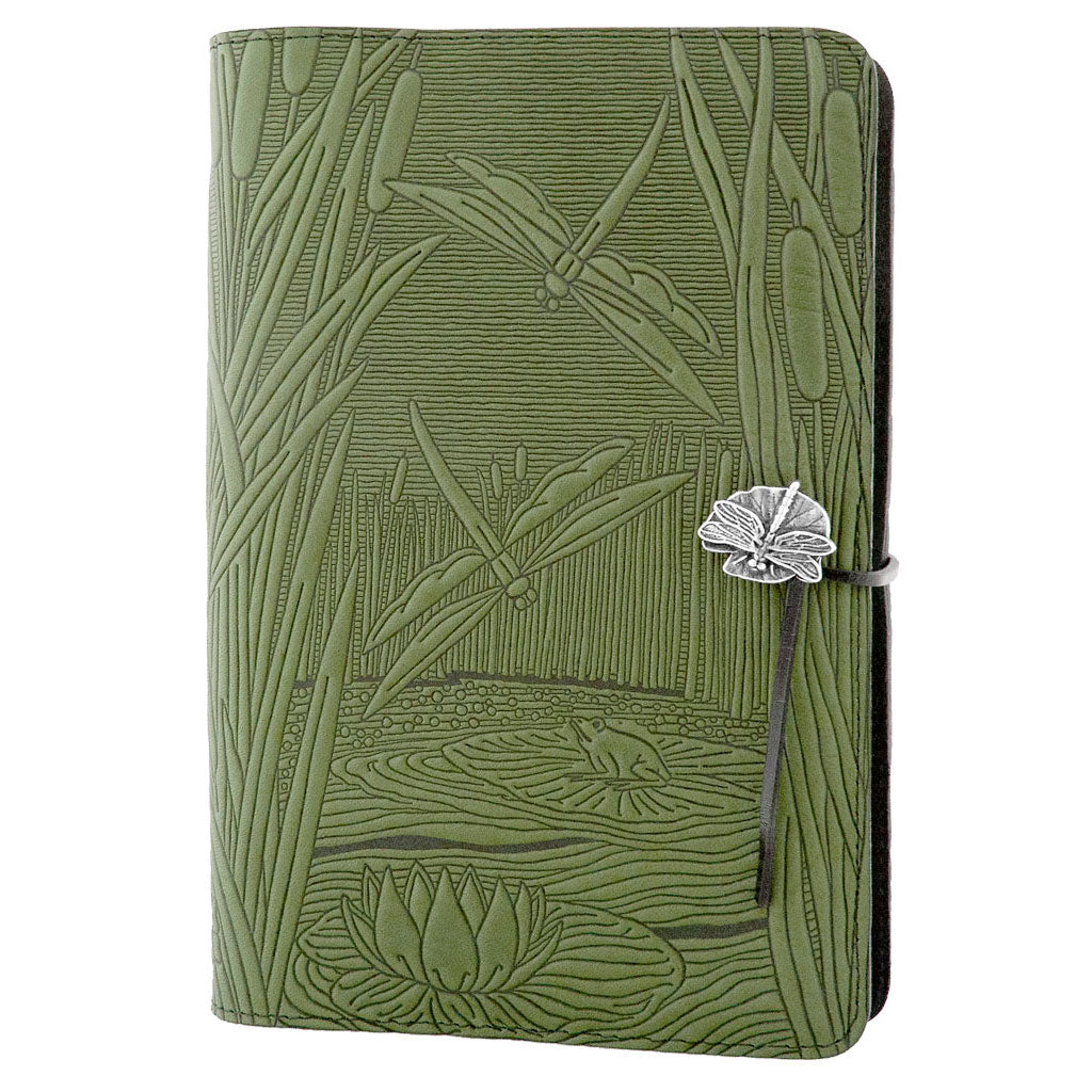 Oberon Design Large Refillable Leather Notebook Cover, Dragonfly Pond, Fern