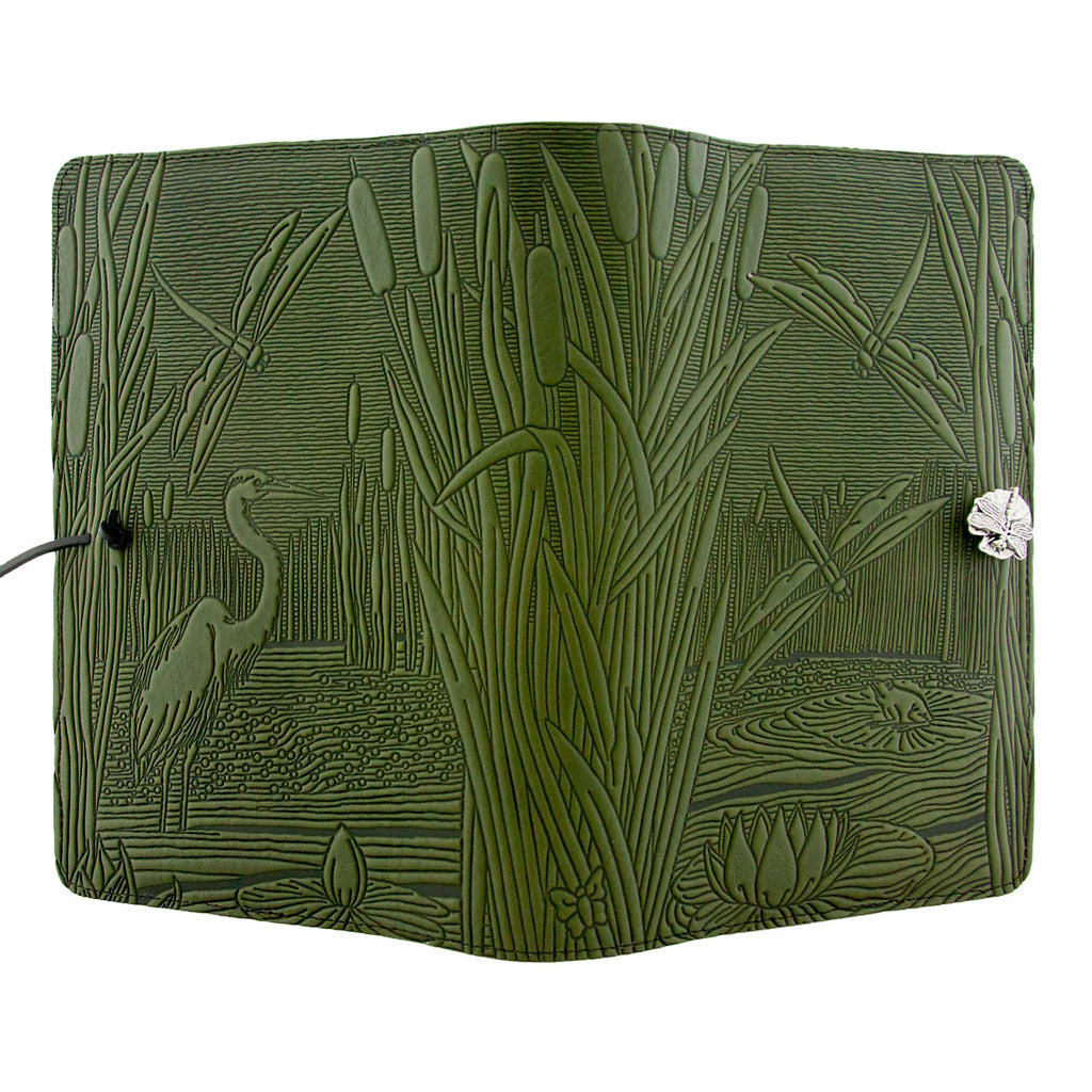 Oberon Design Large Refillable Leather Notebook Cover, Dragonfly Pond, Fern - Open