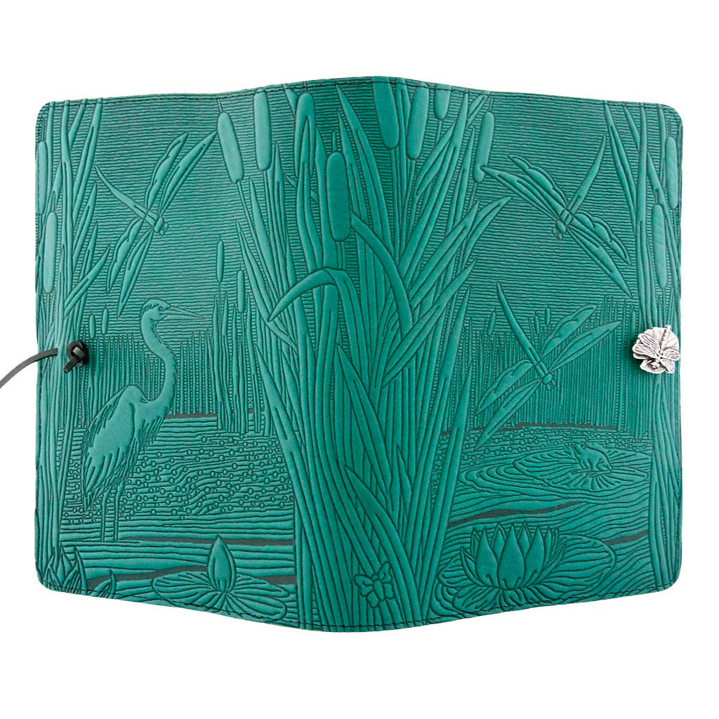 Oberon Design Large Refillable Leather Notebook Cover, Dragonfly Pond, Teal - Open