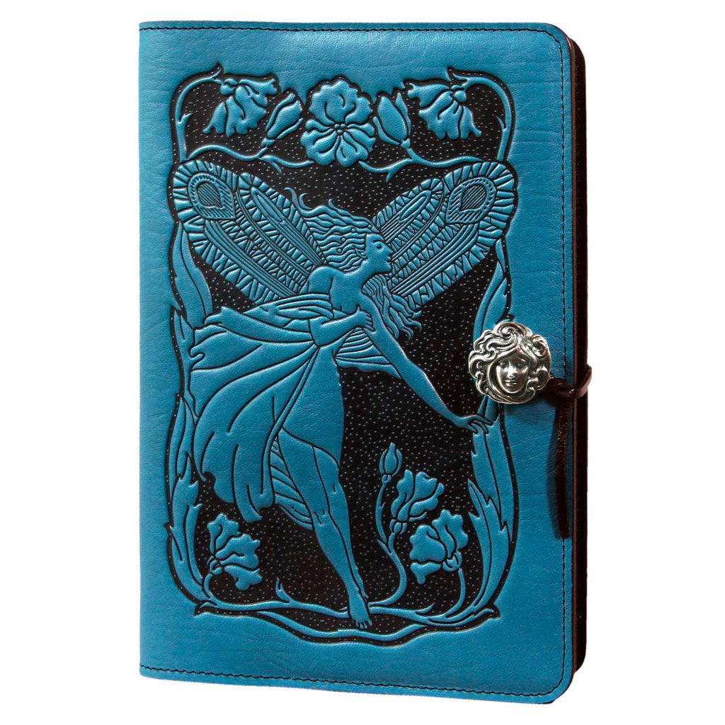 Oberon Design Large Refillable Leather Notebook Cover, FLower Fairy, Blue