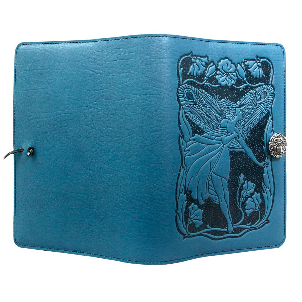 Oberon Design Large Refillable Leather Notebook Cover, FLower Fairy, Blue - Open