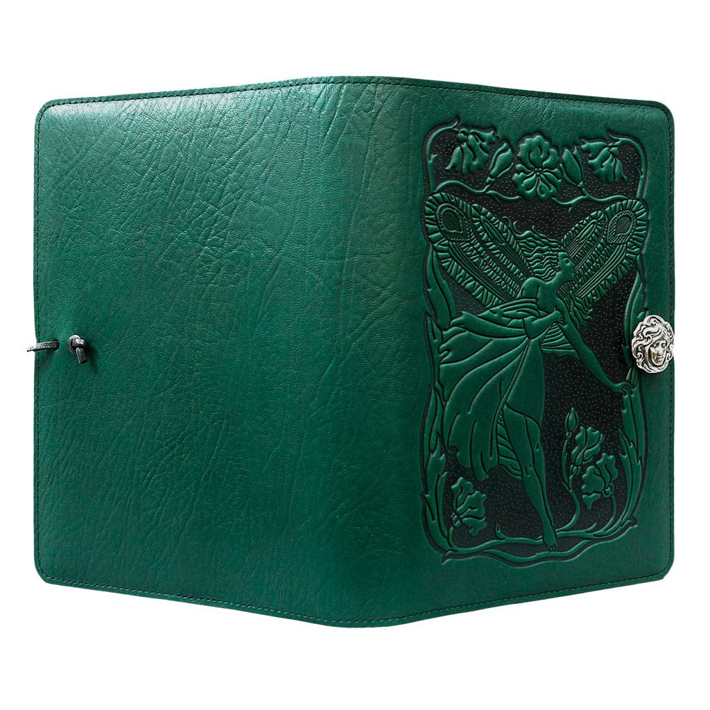 Oberon Design Large Refillable Leather Notebook Cover, FLower Fairy, Green- Open