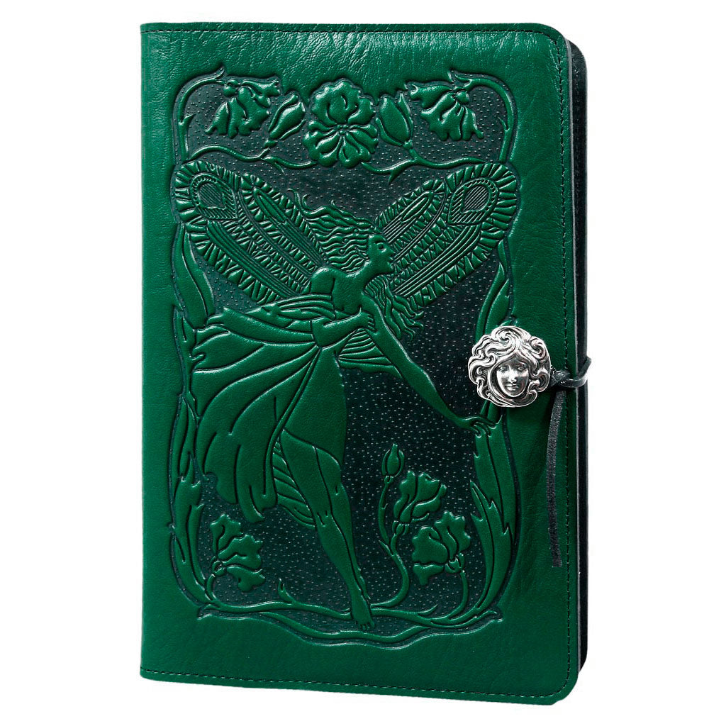 Oberon Design Large Refillable Leather Notebook Cover, FLower Fairy, Green