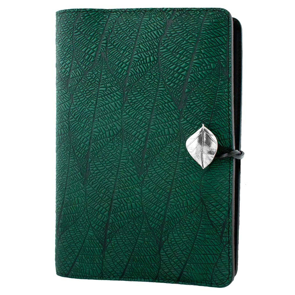 Oberon Design Large Refillable Leather Notebook Cover, Fallen Leaves, Green