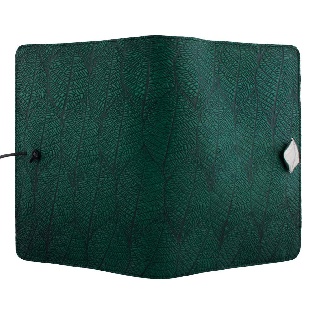 Oberon Design Large Refillable Leather Notebook Cover, Fallen Leaves, Green - Open