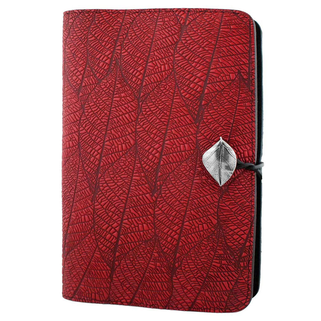 Oberon Design Large Refillable Leather Notebook Cover, Fallen Leaves, Red