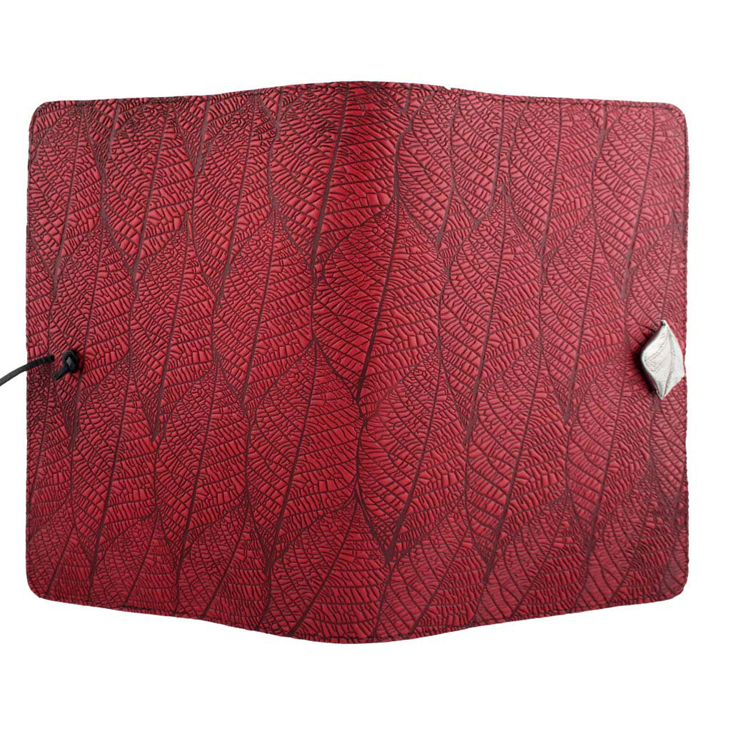 Oberon Design Large Refillable Leather Notebook Cover, Fallen Leaves, Red - Open