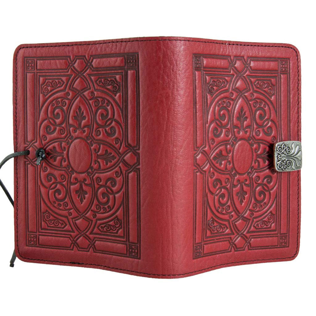 Oberon Design Refillable Large Leather Notebook Cover, Florentine, Red -Open