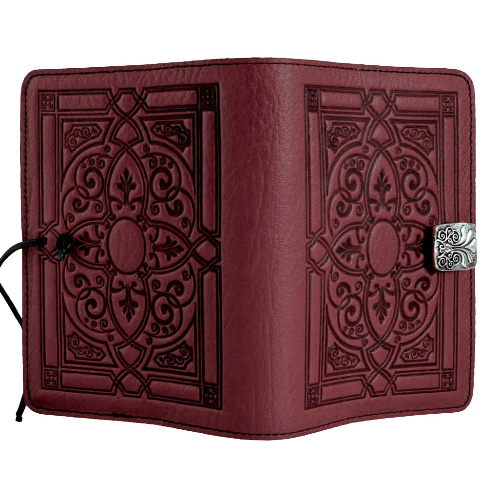 Oberon Design Refillable Large Leather Notebook Cover, Florentine, Wine - Open