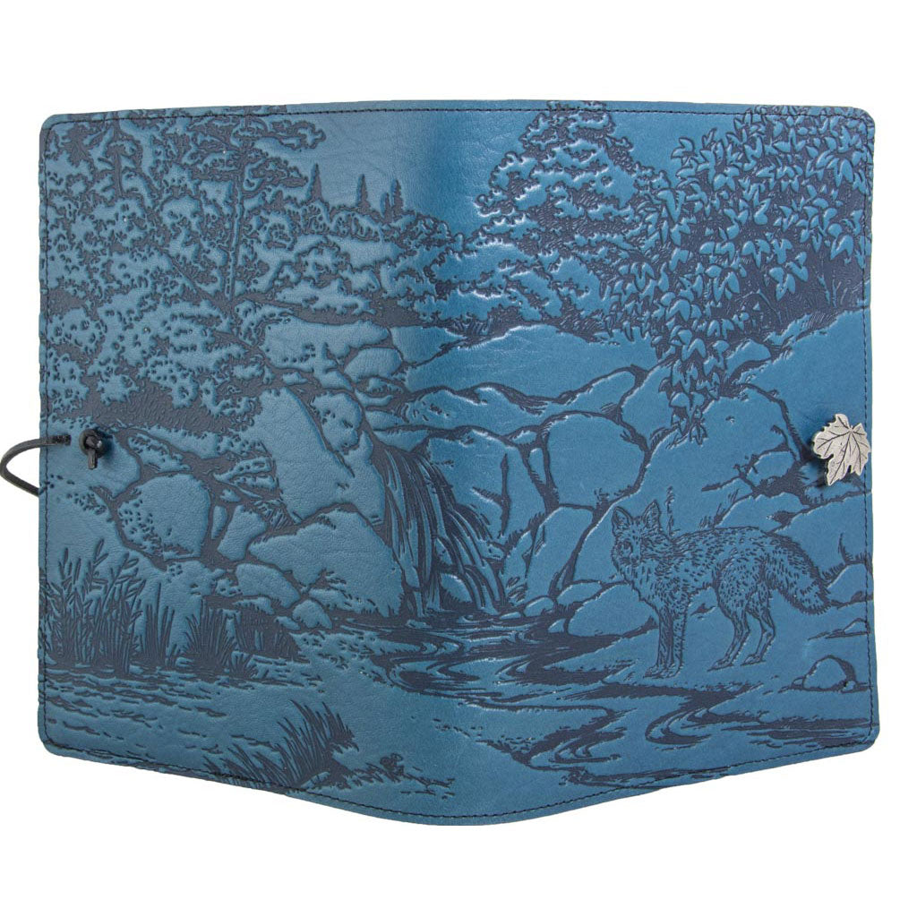 Oberon Design Refillable Large Leather Notebook Cover, Mr. Fox, Blue - Open