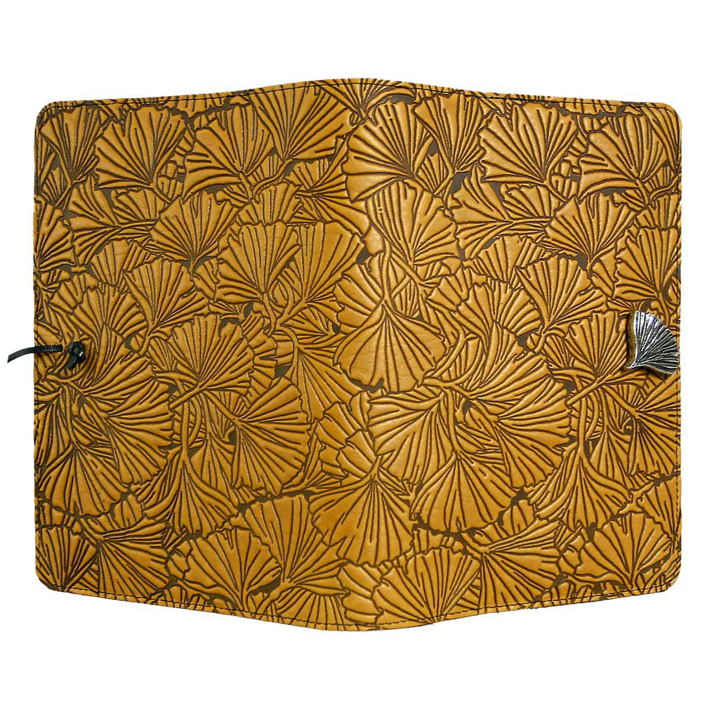 Oberon Design Large Refillable Leather Notebook Cover, Ginkgo, Marigold - Open