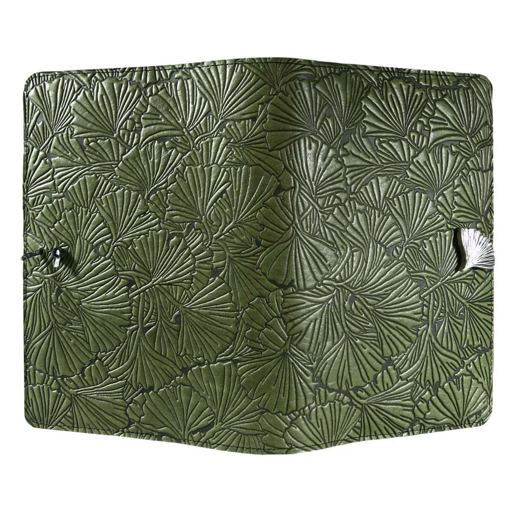 Oberon Design Large Refillable Leather Notebook Cover, Ginkgo, Fern - Open