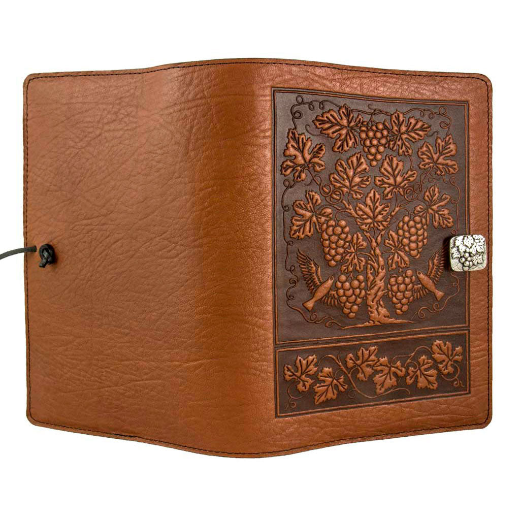 Oberon Design Large Leather Notebook Cover, Grapevine, Saddle - Open