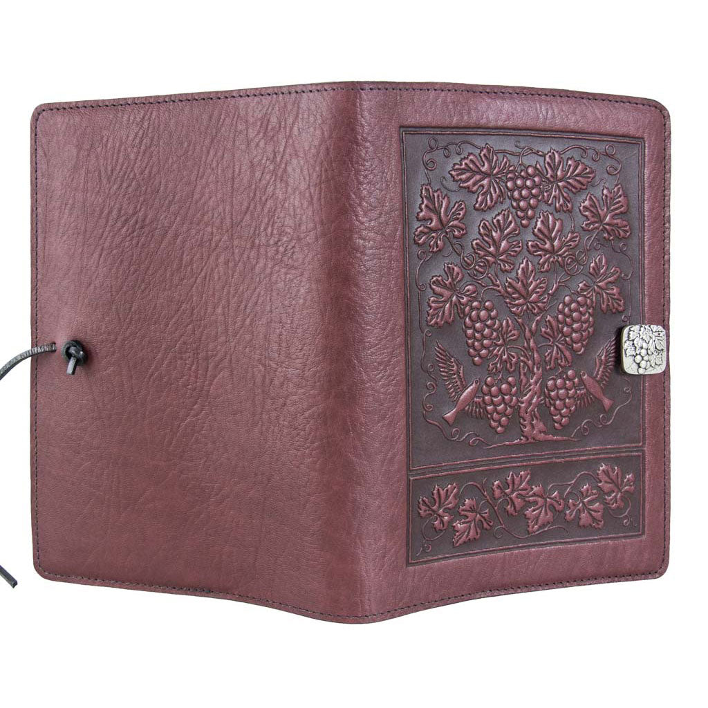 Oberon Design Large Leather Notebook Cover, Grapevine, Wine - Open