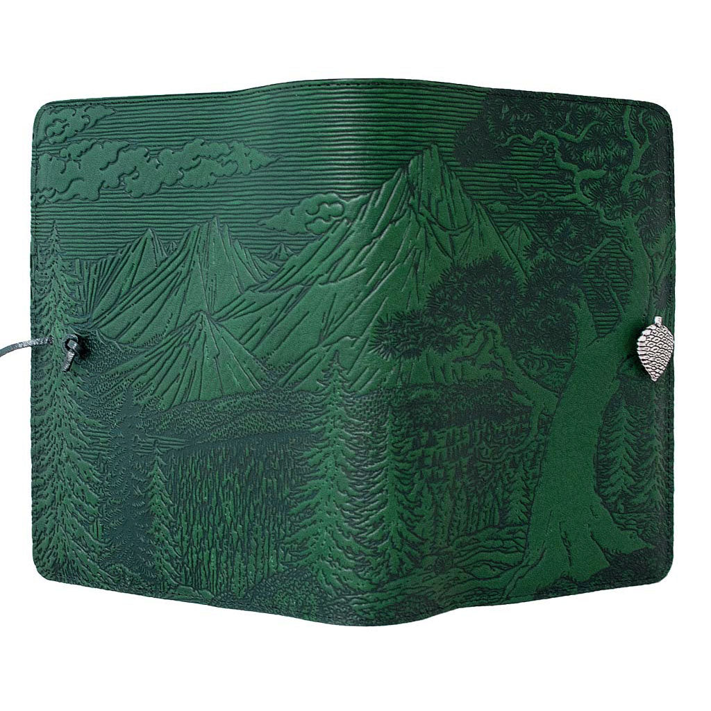 Oberon Design Large Refillable Leather Notebook Cover, High Sierra, Green - Open